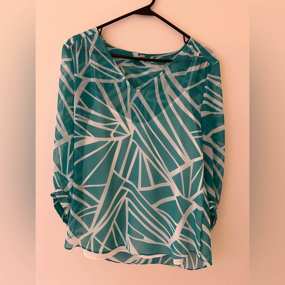 Teal and white ladies blouse with built in camisole.